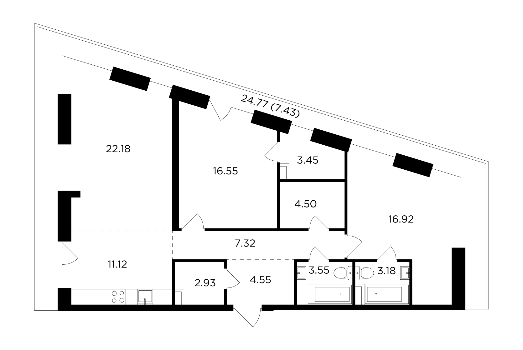 3 комн. квартира, 103.7 м², 11 этаж 