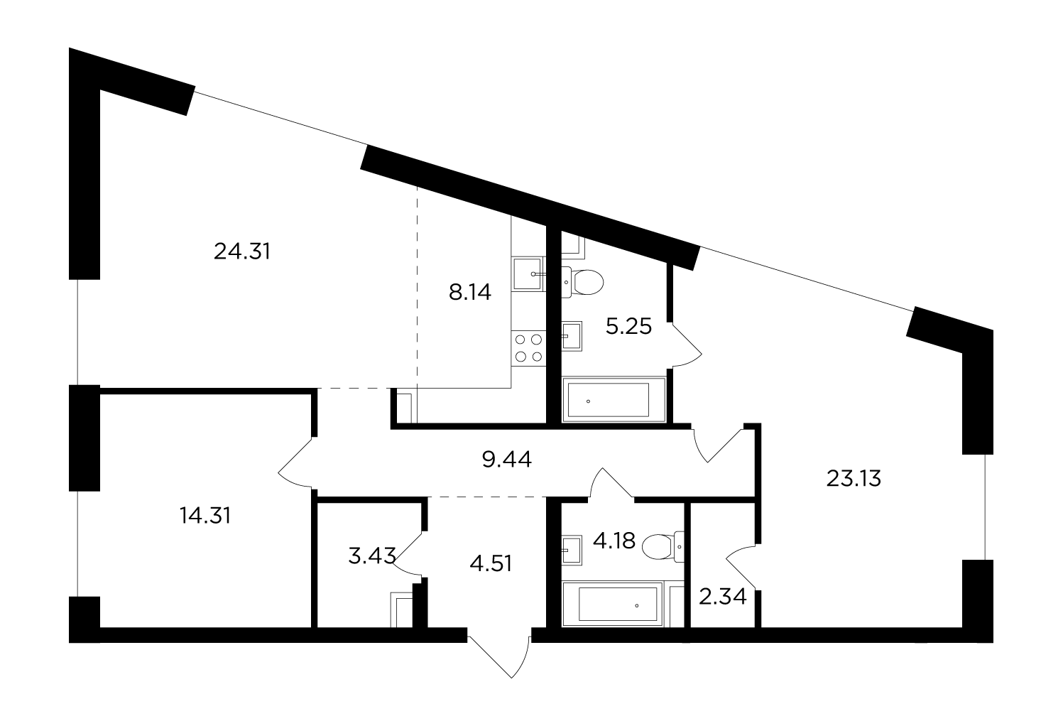3 комн. квартира, 109.9 м², 14 этаж 