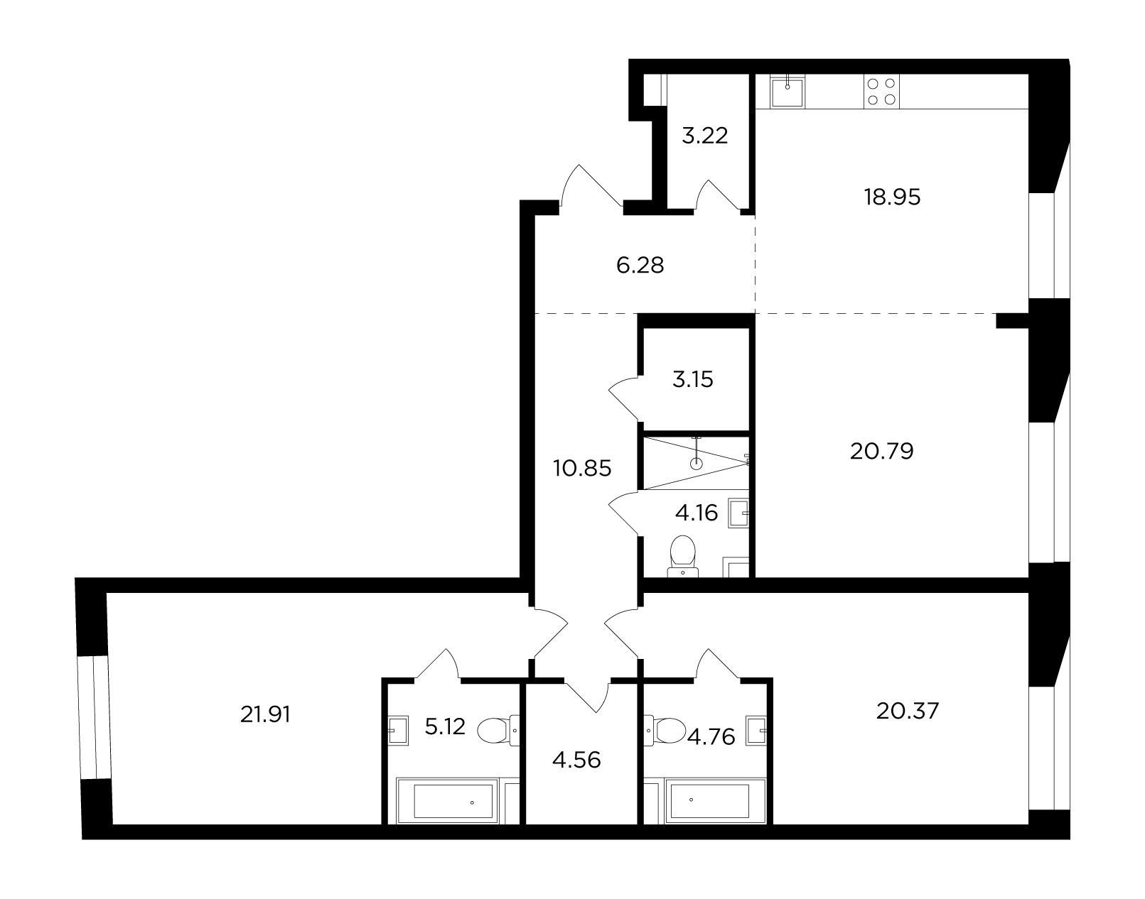 3 комн. квартира, 124.1 м², 2 этаж 