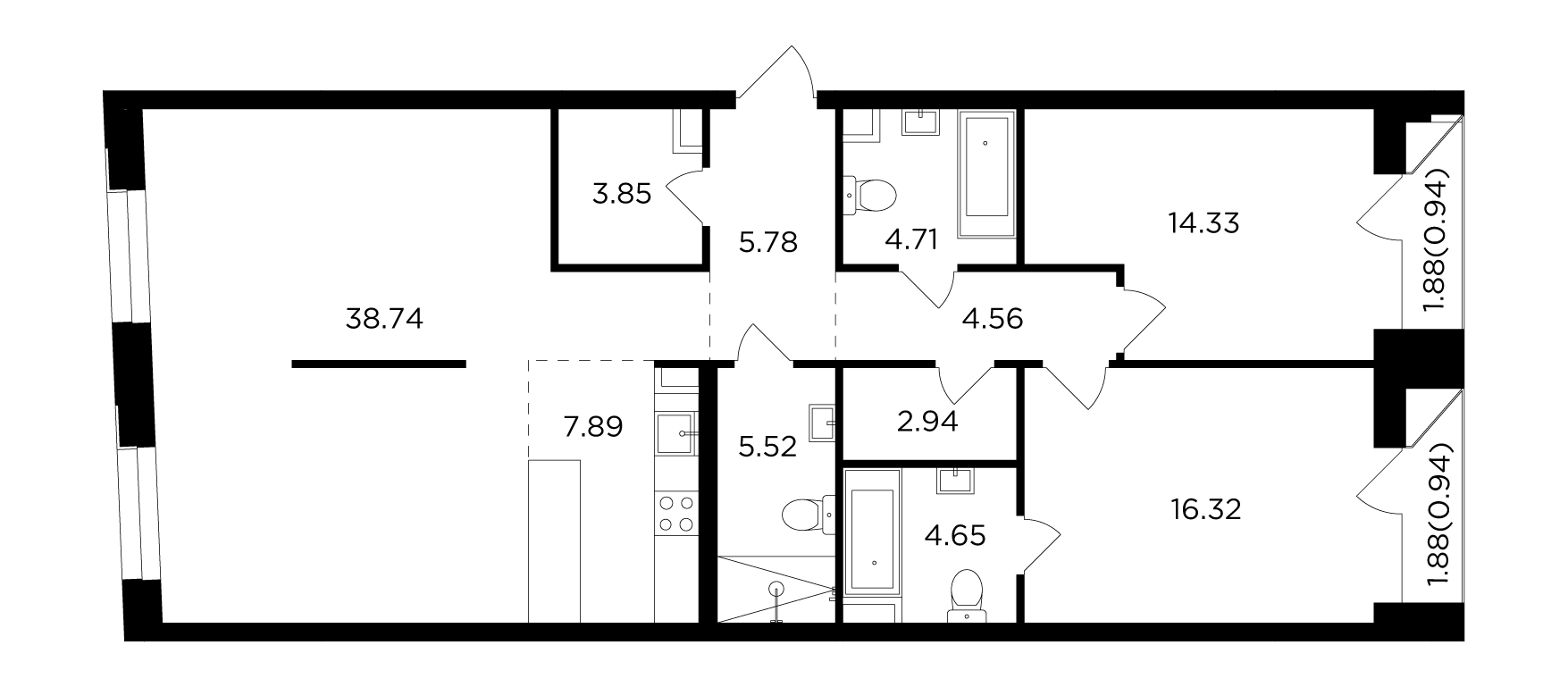 3 комн. квартира, 111.4 м², 13 этаж 