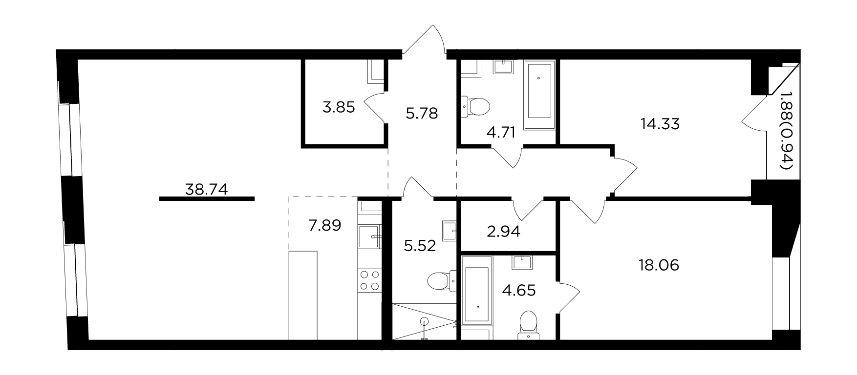 3 комн. квартира, 112.2 м², 14 этаж 