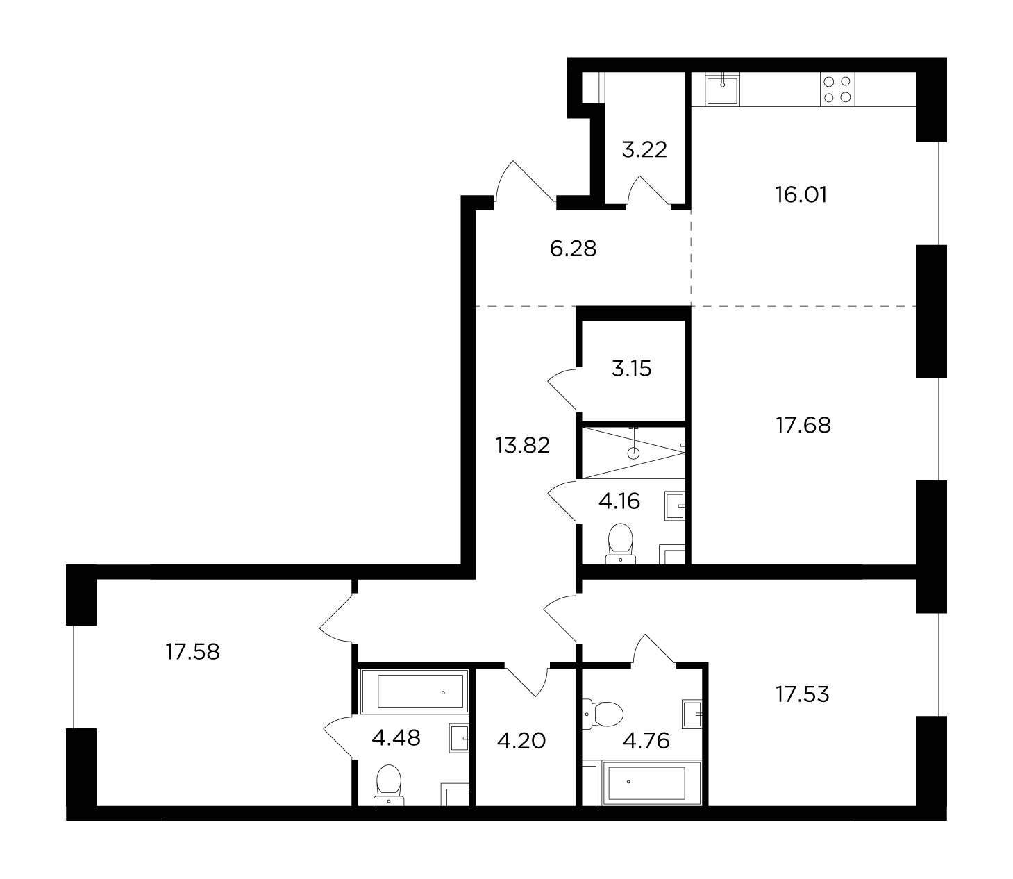 3 комн. квартира, 112.9 м², 14 этаж 