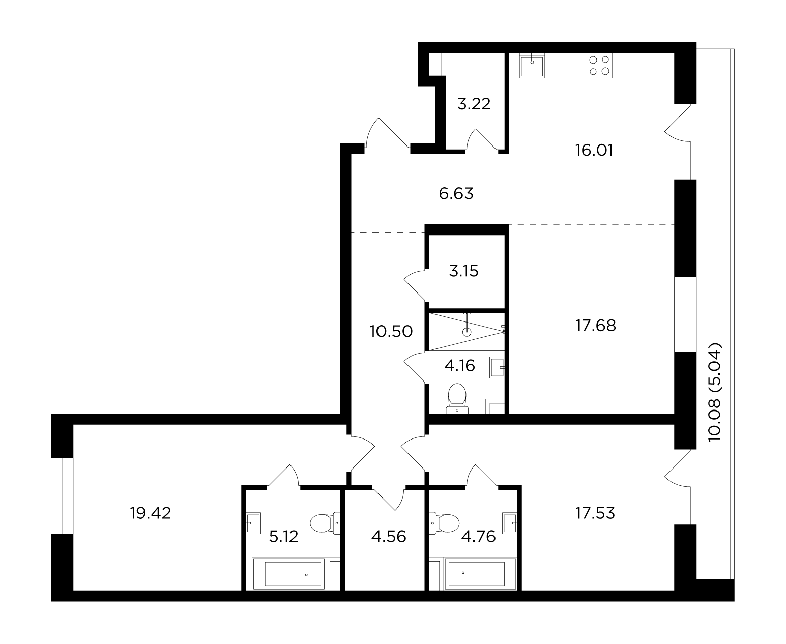 3 комн. квартира, 117.8 м², 13 этаж 