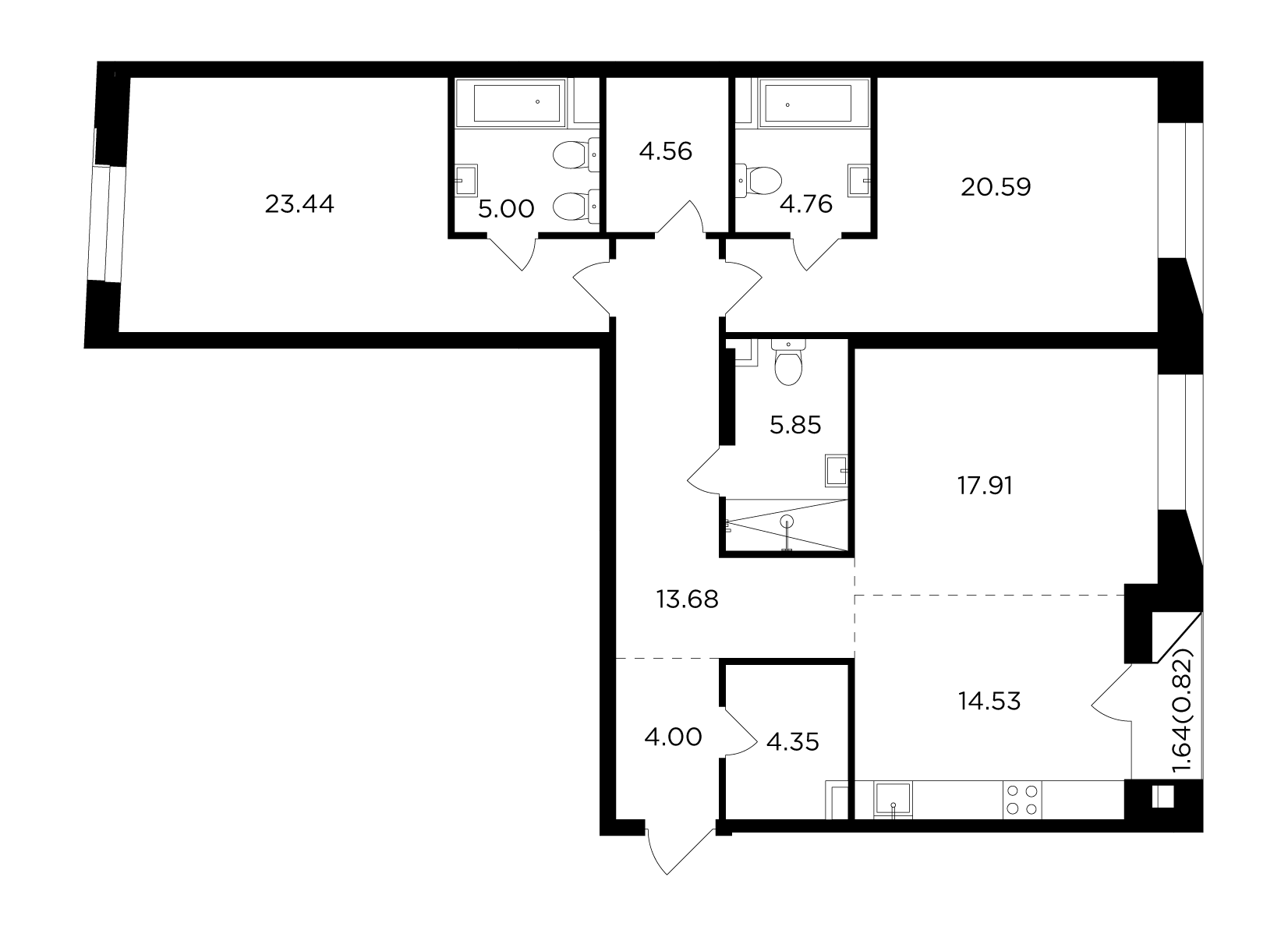 3 комн. квартира, 119.5 м², 13 этаж 