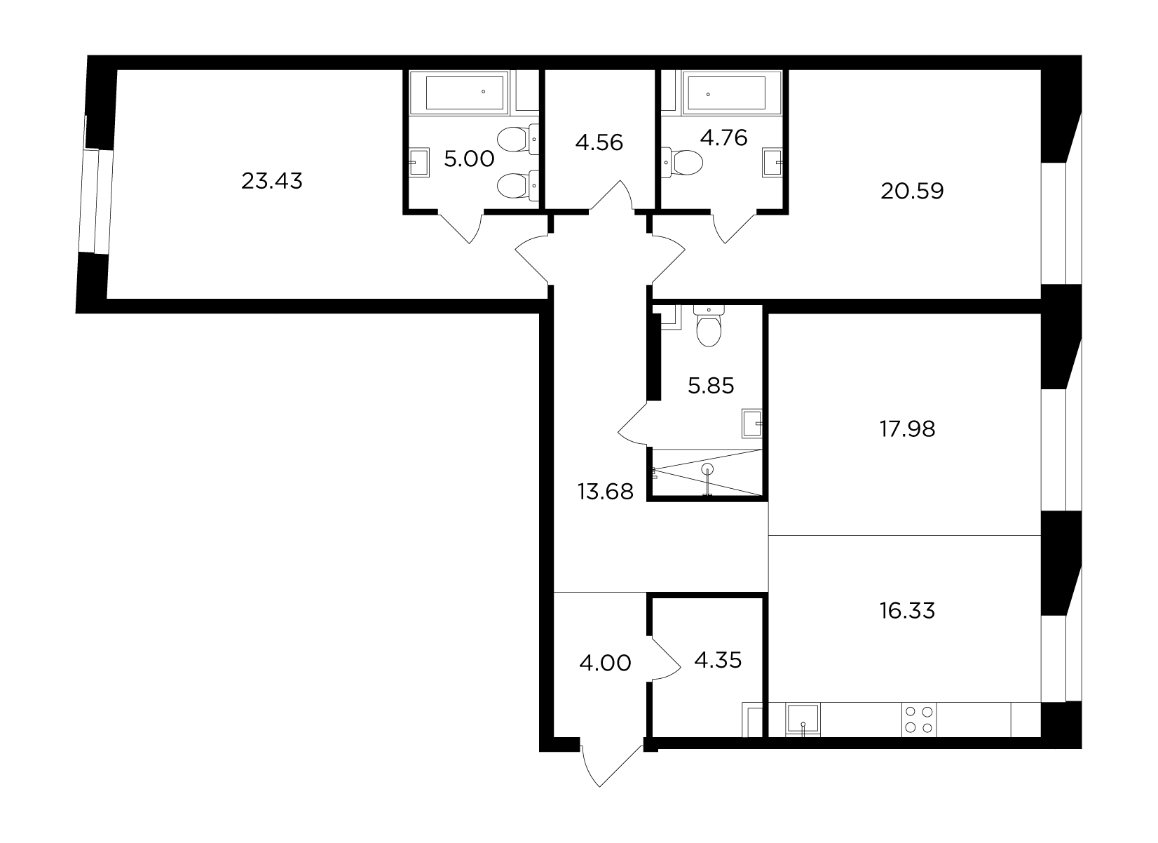 3 комн. квартира, 120.5 м², 14 этаж 