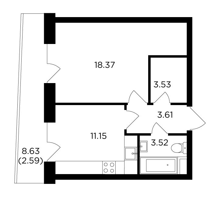 1 комн. квартира, 42.8 м², 15 этаж 