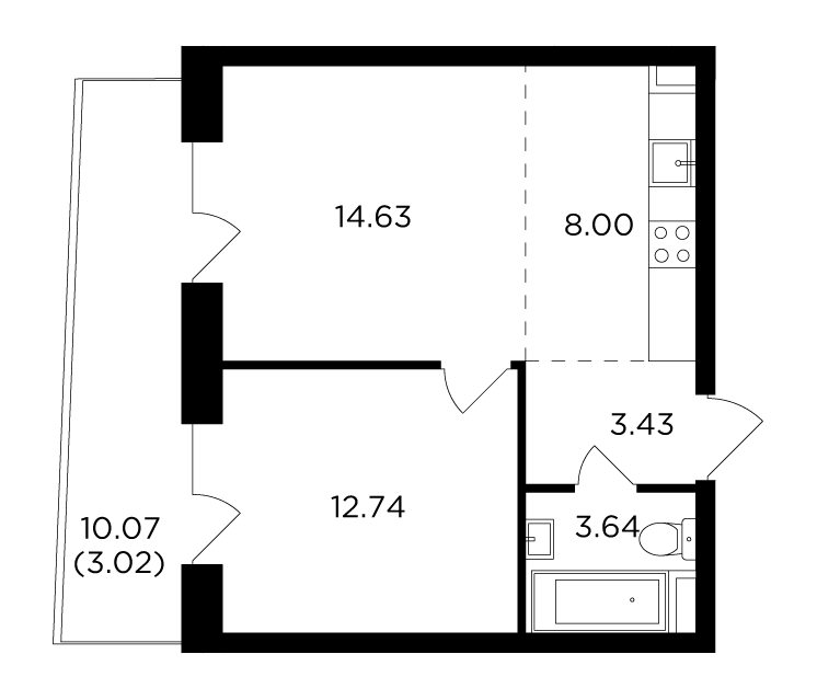 2 комн. квартира, 45.5 м², 15 этаж 