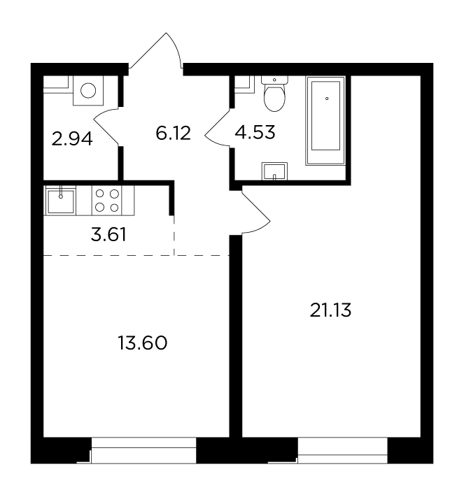 2 комн. квартира, 51.9 м², 13 этаж 