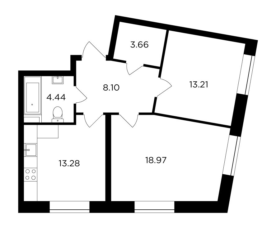 2 комн. квартира, 61.7 м², 13 этаж 