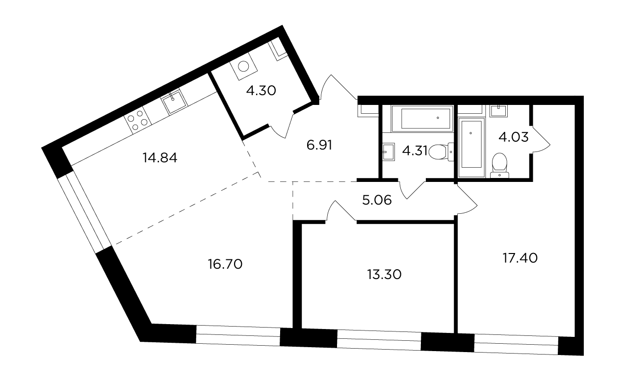 3 комн. квартира, 86.8 м², 2 этаж 