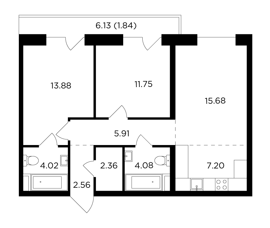 3 комн. квартира, 69.3 м², 13 этаж 
