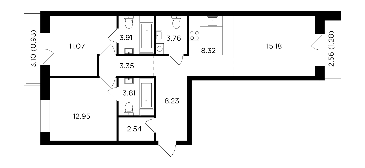 3 комн. квартира, 75.3 м², 11 этаж 