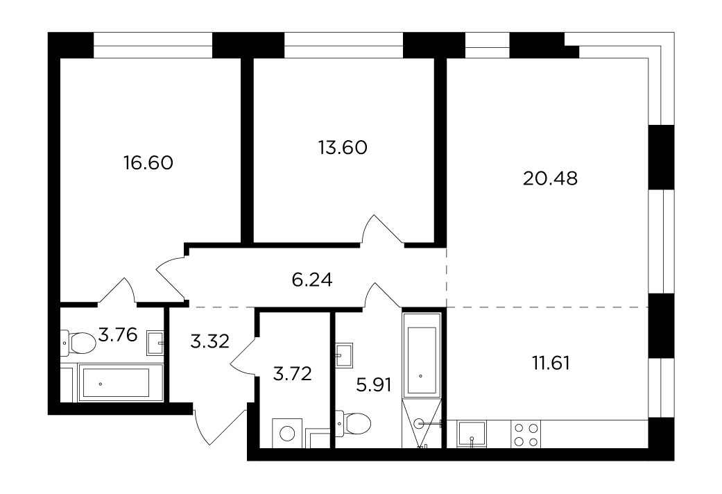 3 комн. квартира, 85.2 м², 2 этаж 