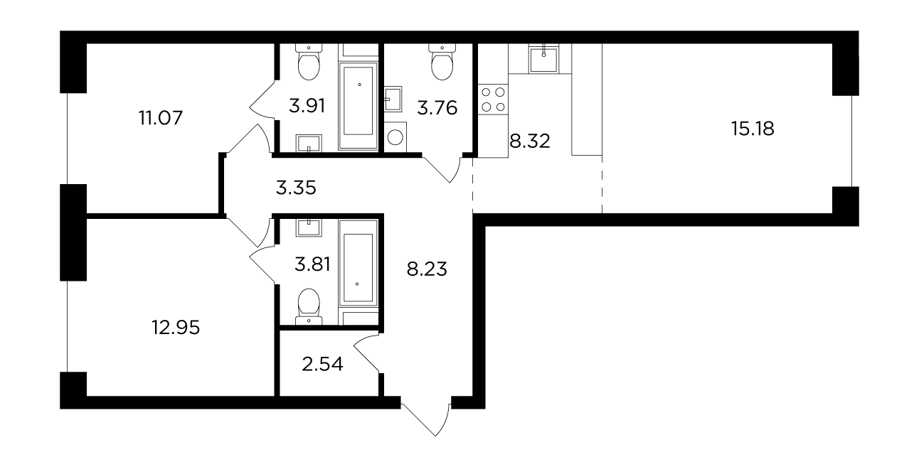 3 комн. квартира, 73.1 м², 12 этаж 
