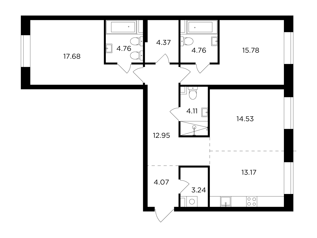 3 комн. квартира, 99.4 м², 14 этаж 