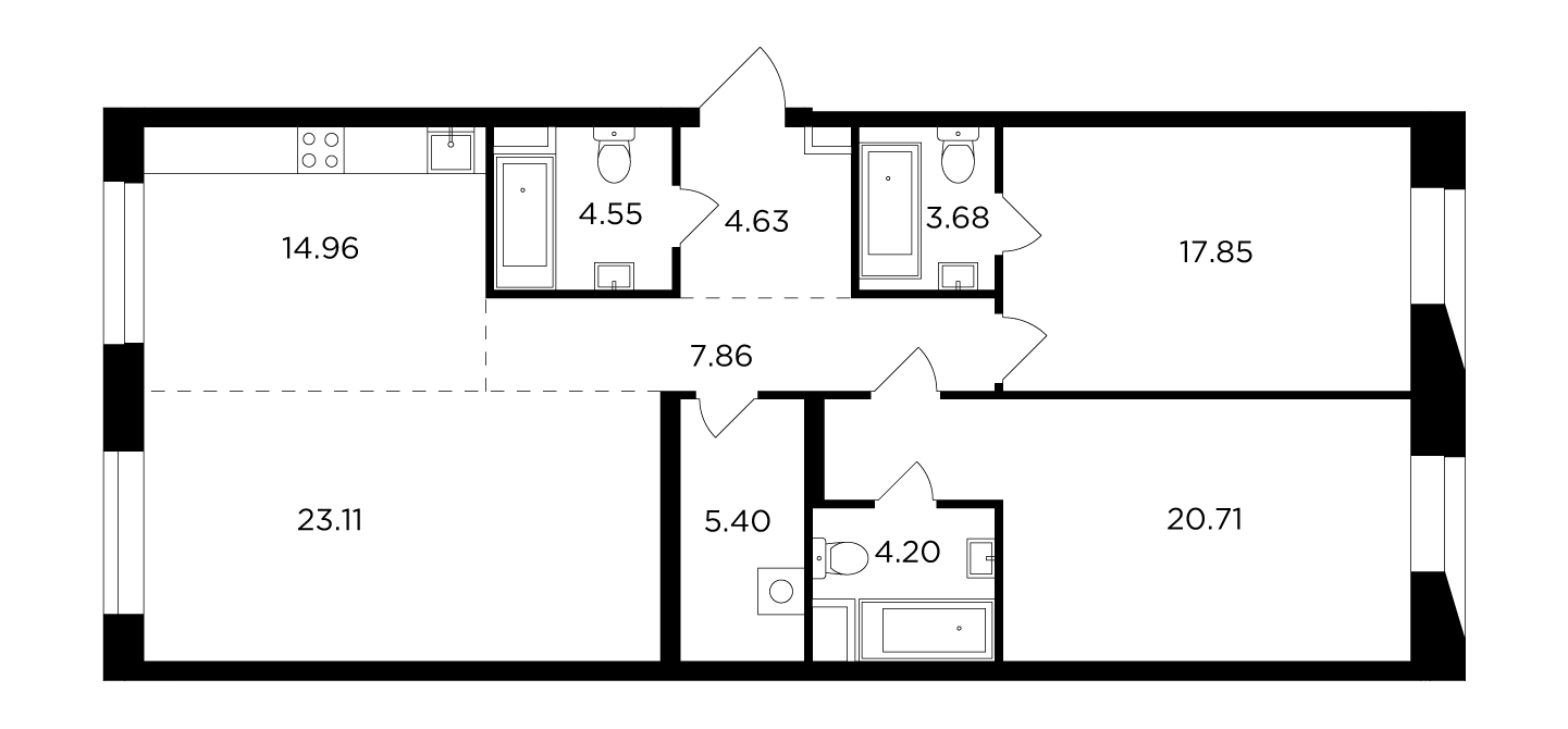 3 комн. квартира, 107 м², 4 этаж 