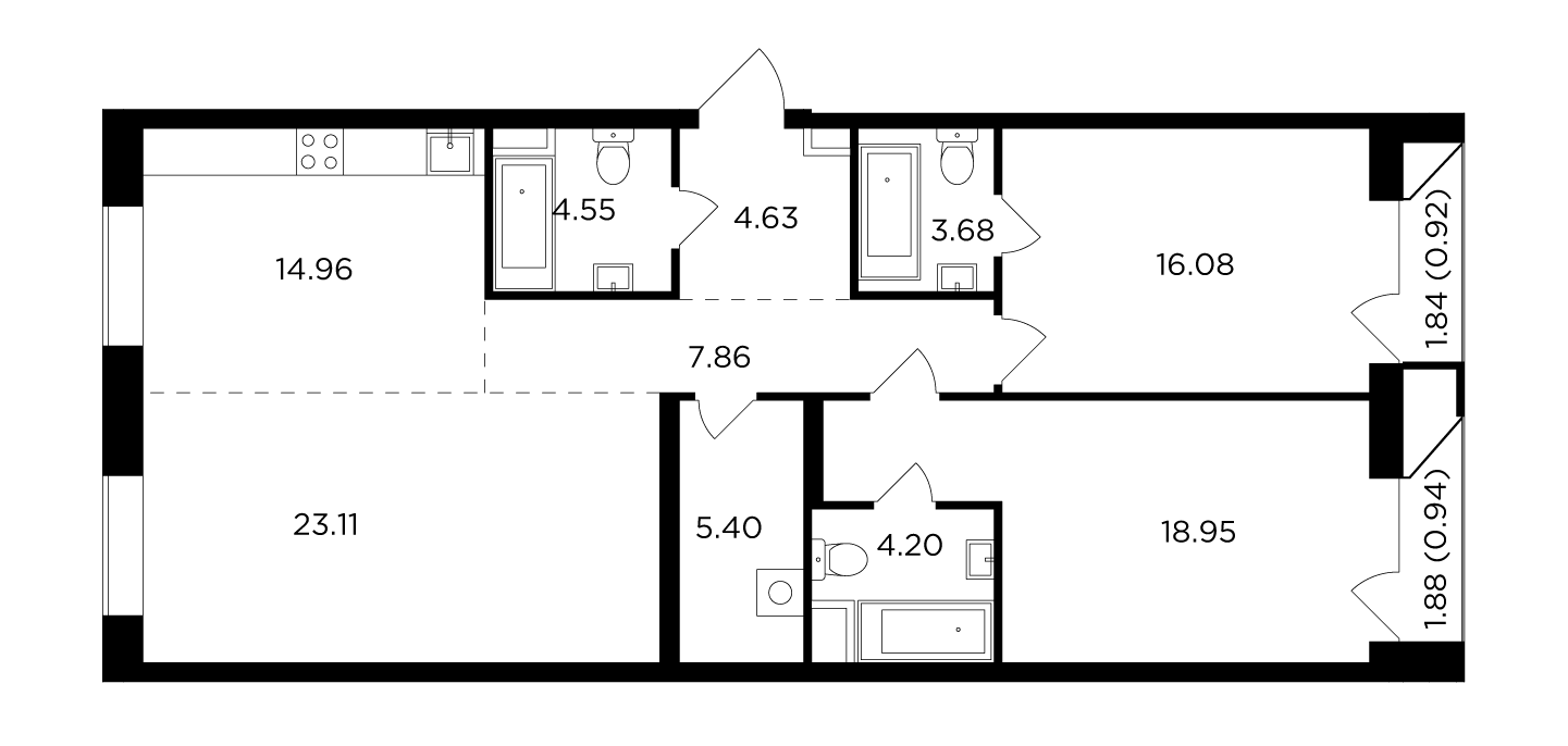 3 комн. квартира, 105.3 м², 7 этаж 