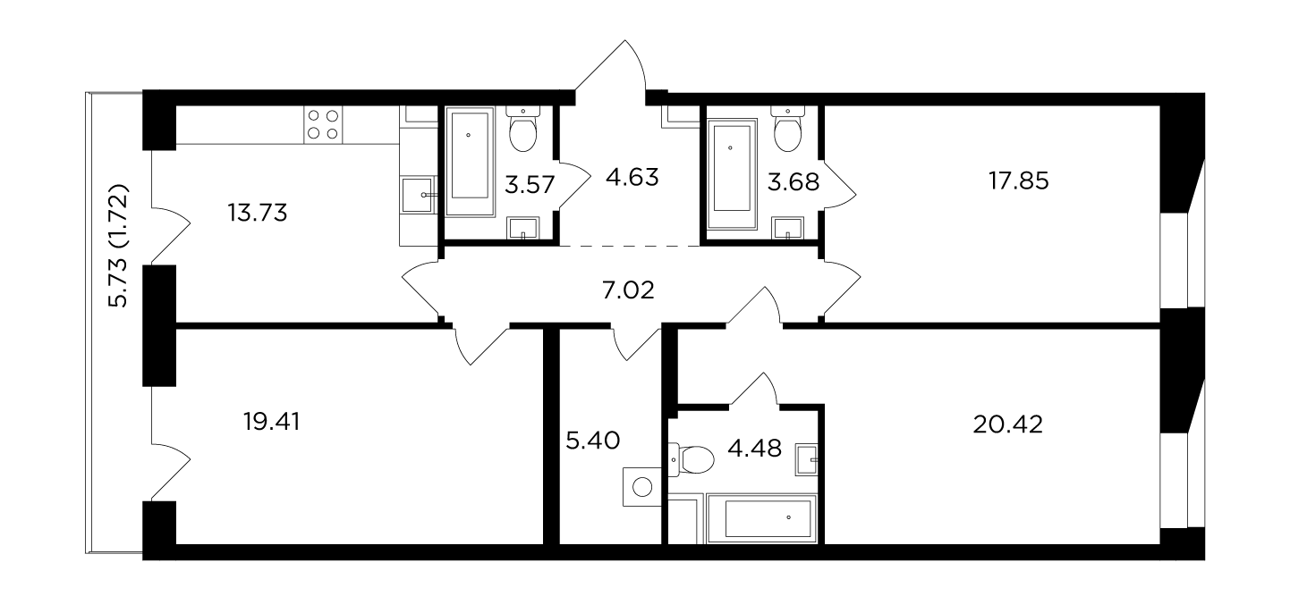 3 комн. квартира, 102.9 м², 11 этаж 