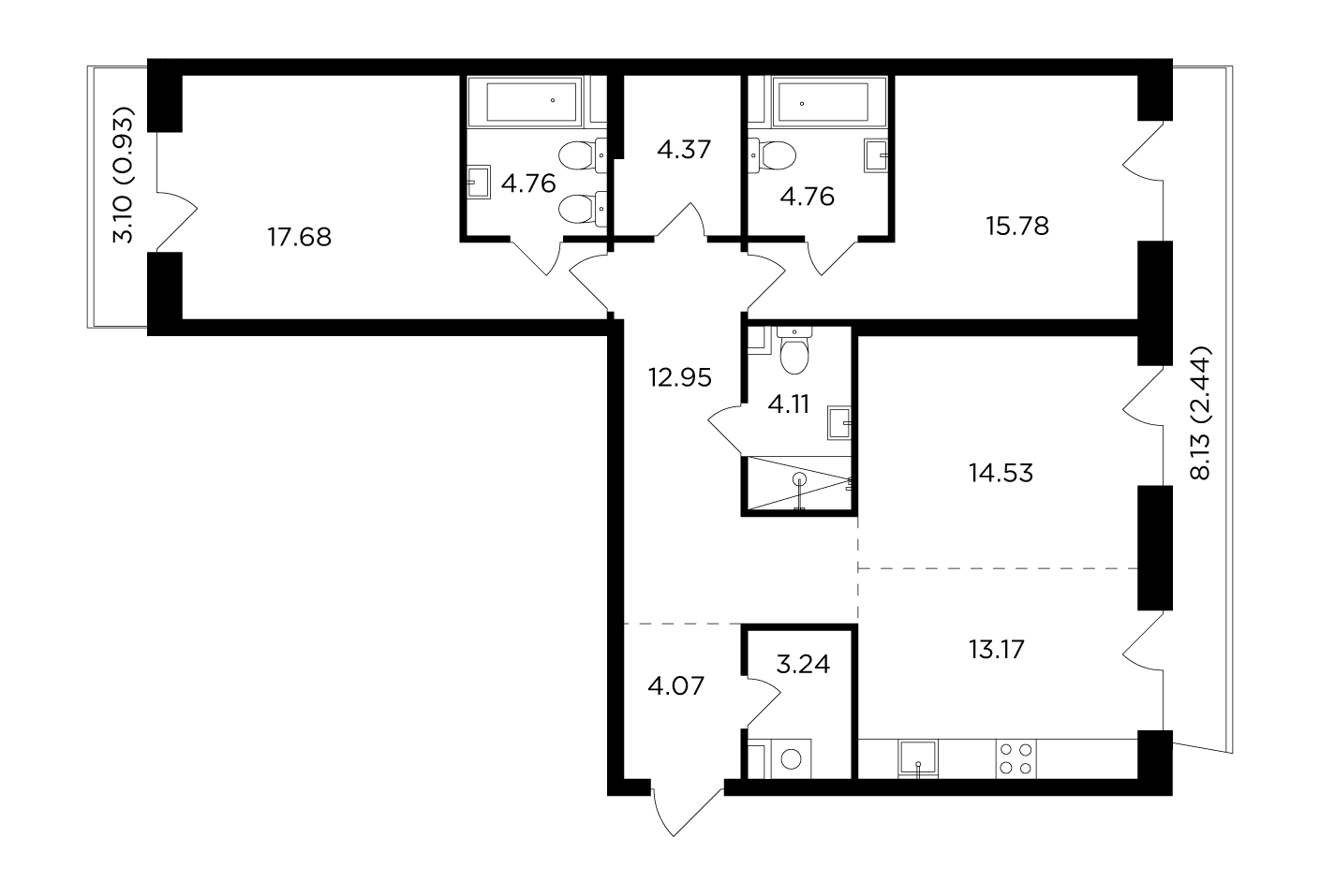 3 комн. квартира, 102.8 м², 13 этаж 