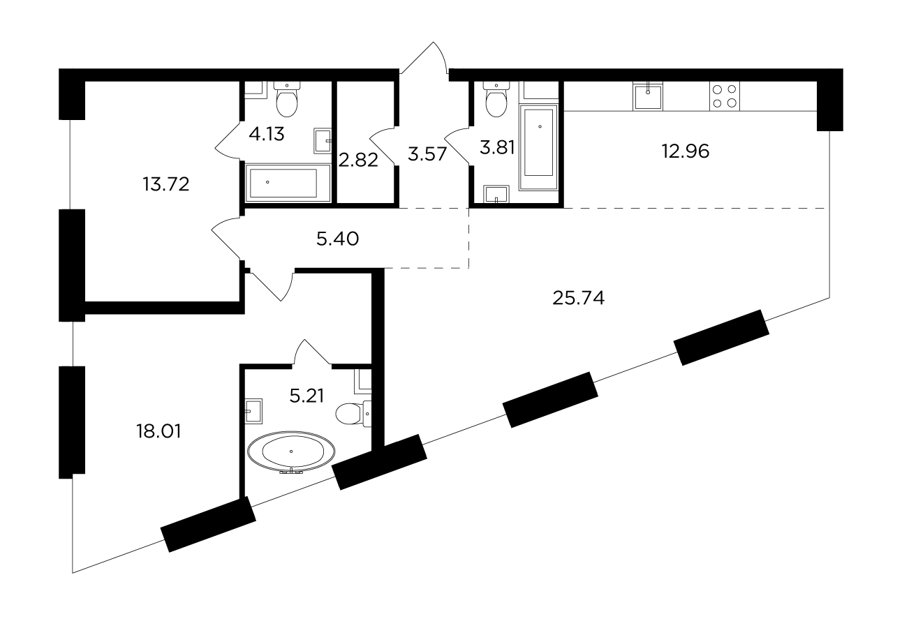 3 комн. квартира, 95.4 м², 11 этаж 