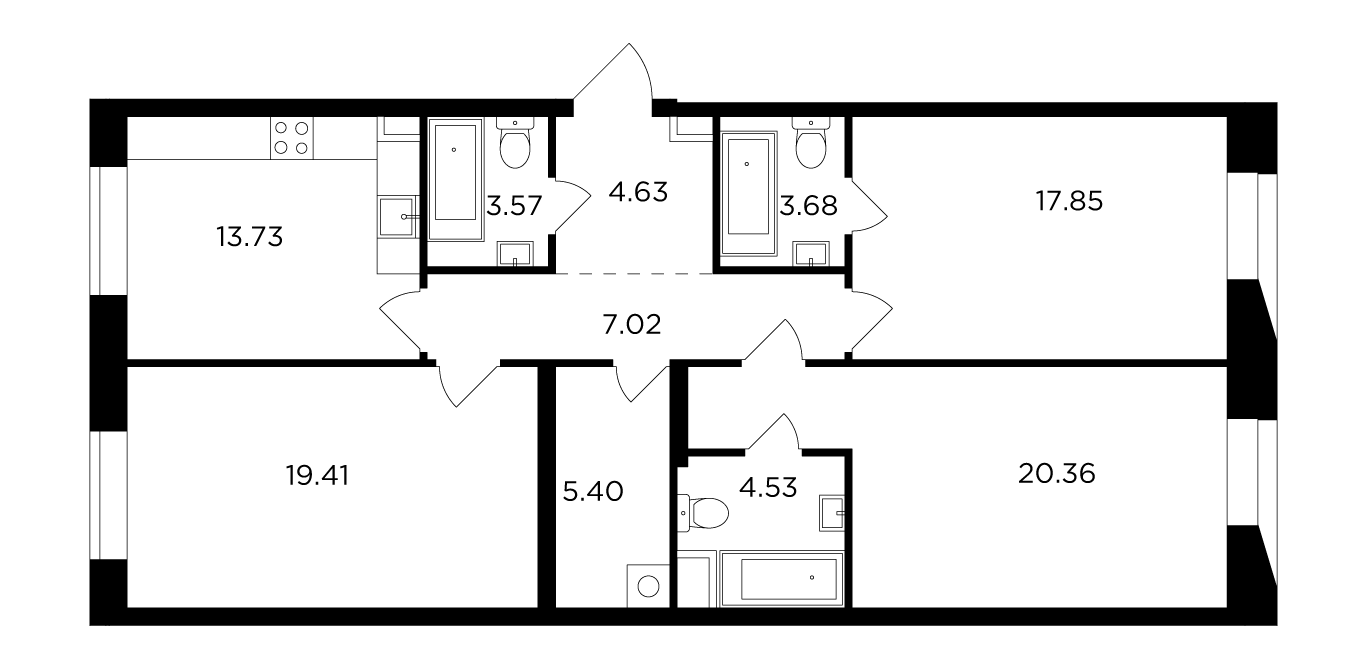 3 комн. квартира, 101.2 м², 12 этаж 