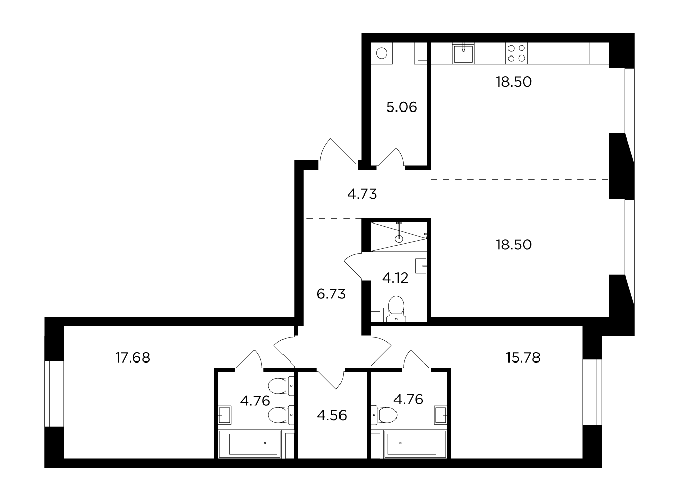 3 комн. квартира, 105.2 м², 14 этаж 