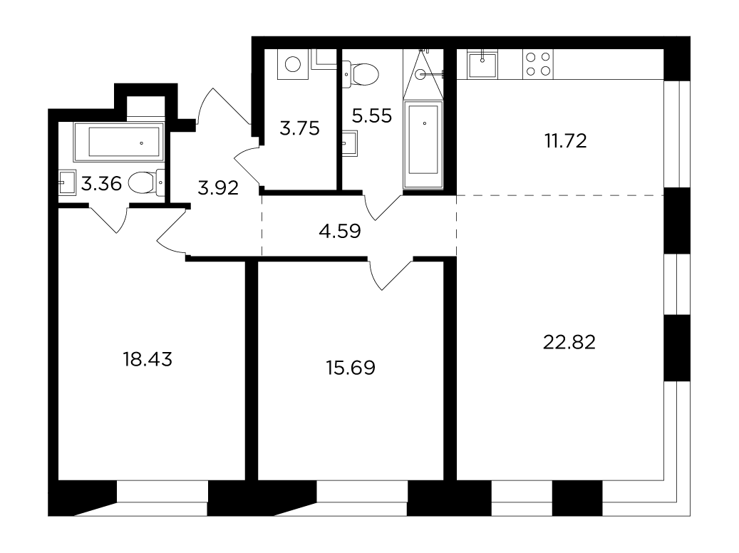 3 комн. квартира, 90 м², 12 этаж 