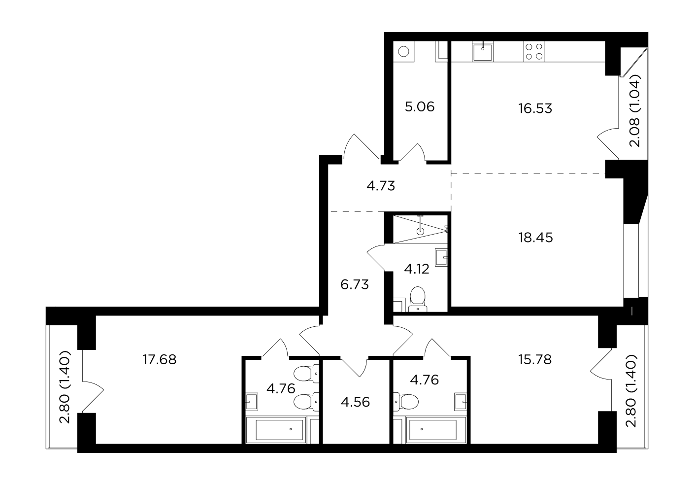 3 комн. квартира, 107 м², 13 этаж 