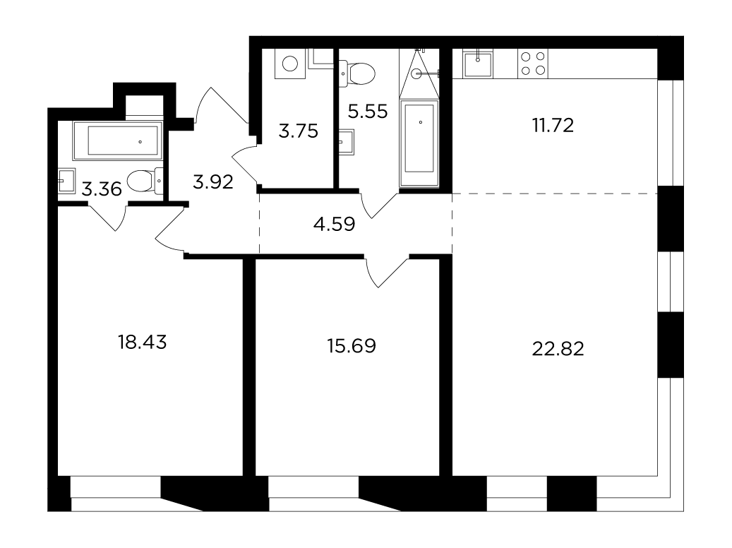 3 комн. квартира, 90.1 м², 13 этаж 