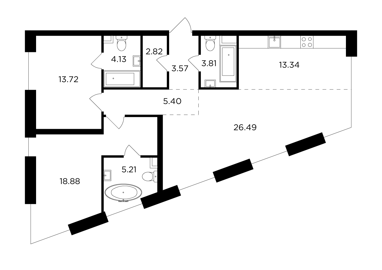 3 комн. квартира, 97.4 м², 12 этаж 