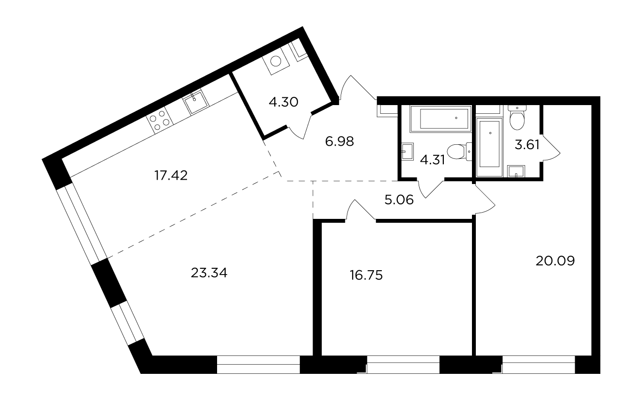3 комн. квартира, 101.9 м², 13 этаж 