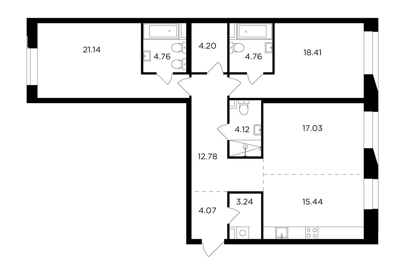 3 комн. квартира, 110 м², 12 этаж 