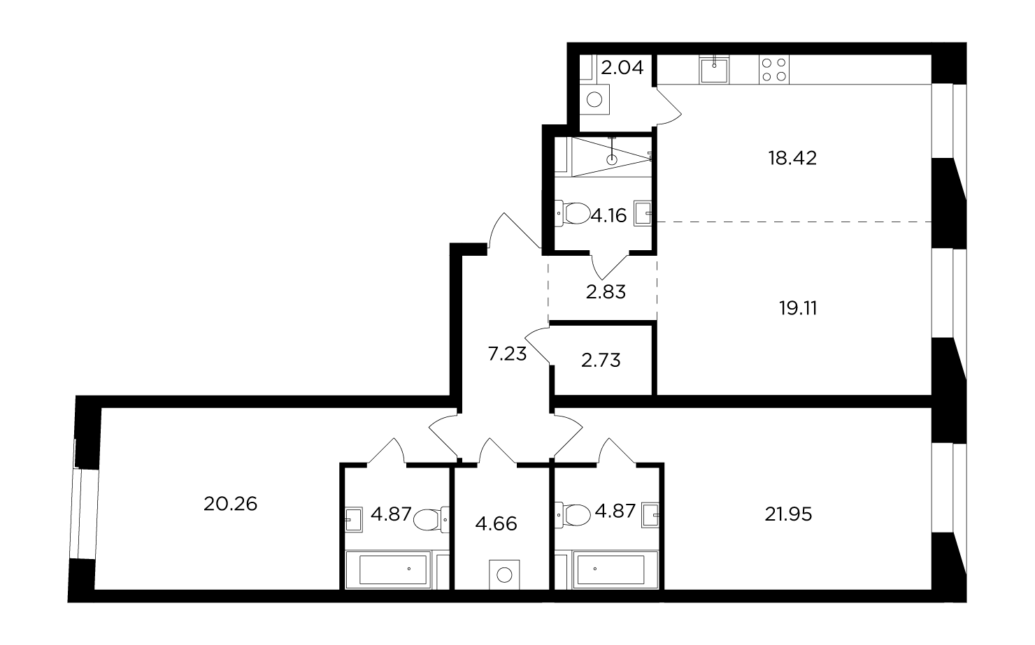 3 комн. квартира, 113.1 м², 12 этаж 