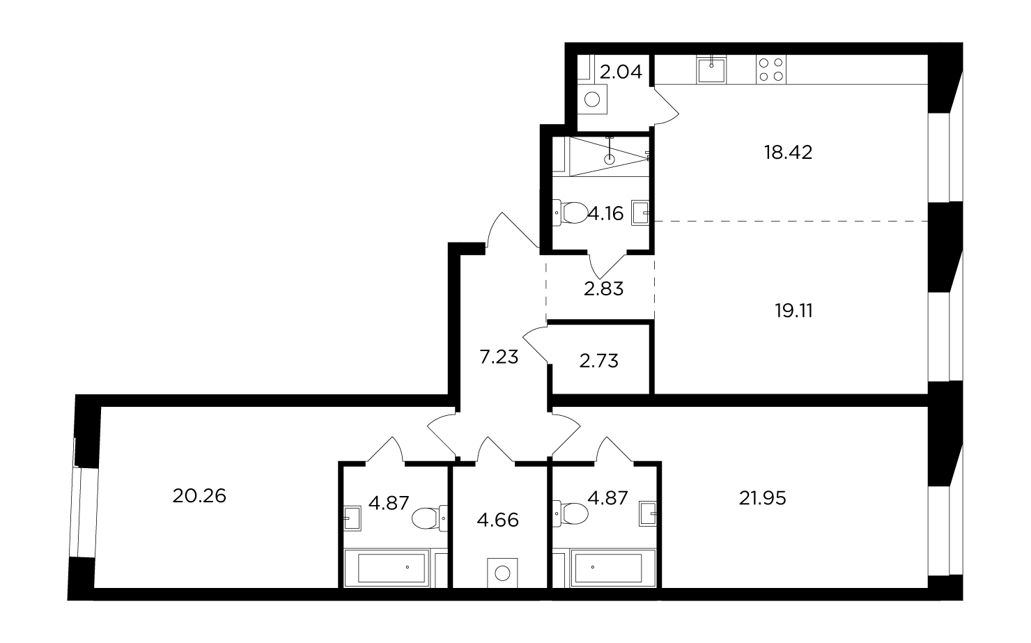 3 комн. квартира, 113.1 м², 13 этаж 