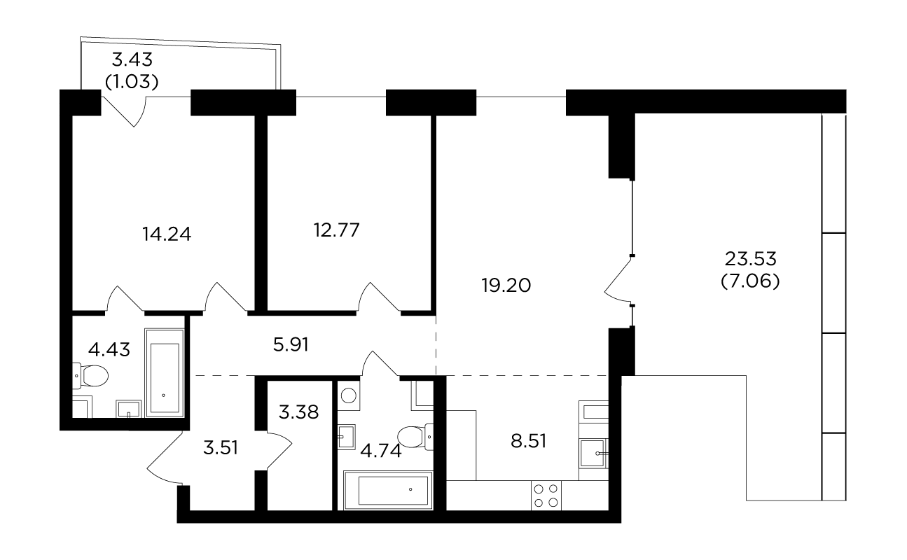 3 комн. квартира, 84.8 м², 15 этаж 