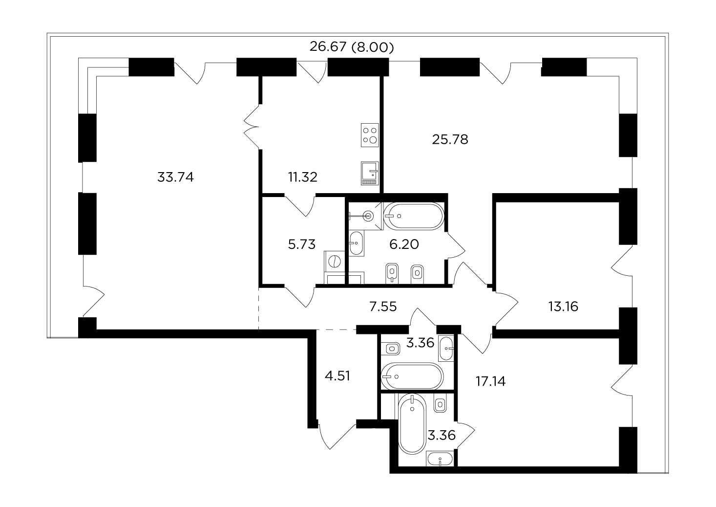 4 комн. квартира, 139.8 м², 14 этаж 