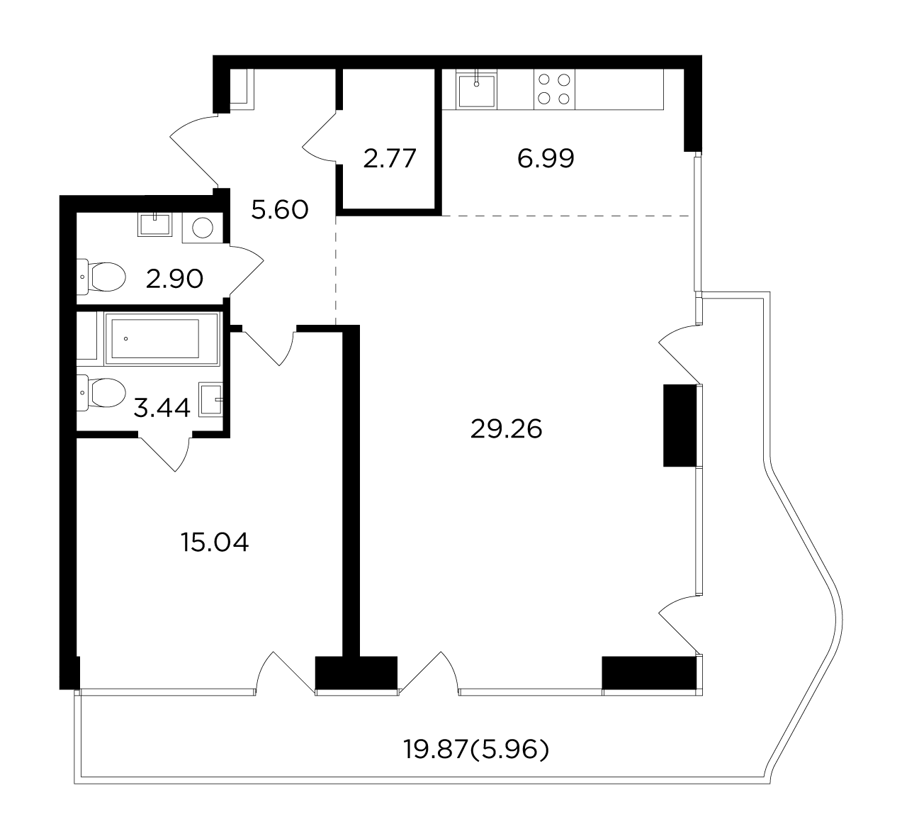 2 комн. квартира, 72 м², 18 этаж 