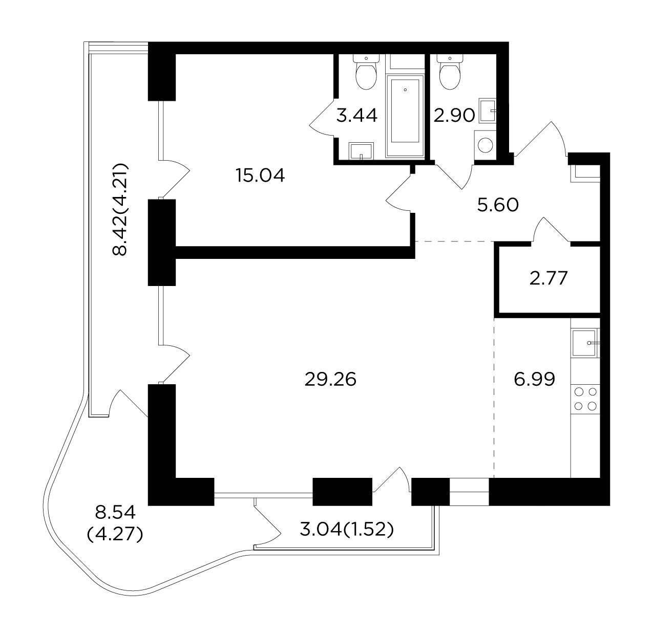 2 комн. квартира, 76 м², 15 этаж 