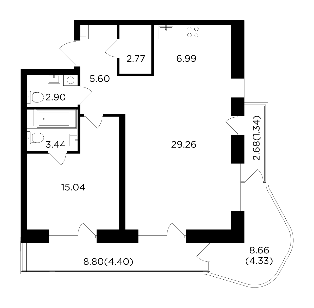2 комн. квартира, 76.1 м², 16 этаж 