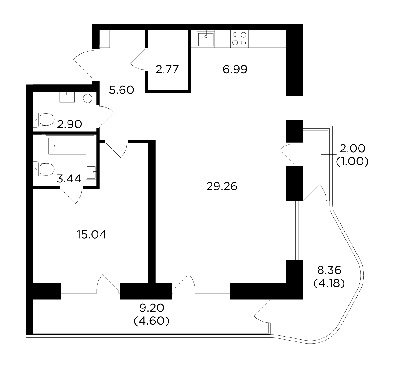 2 комн. квартира, 75.8 м², 17 этаж 