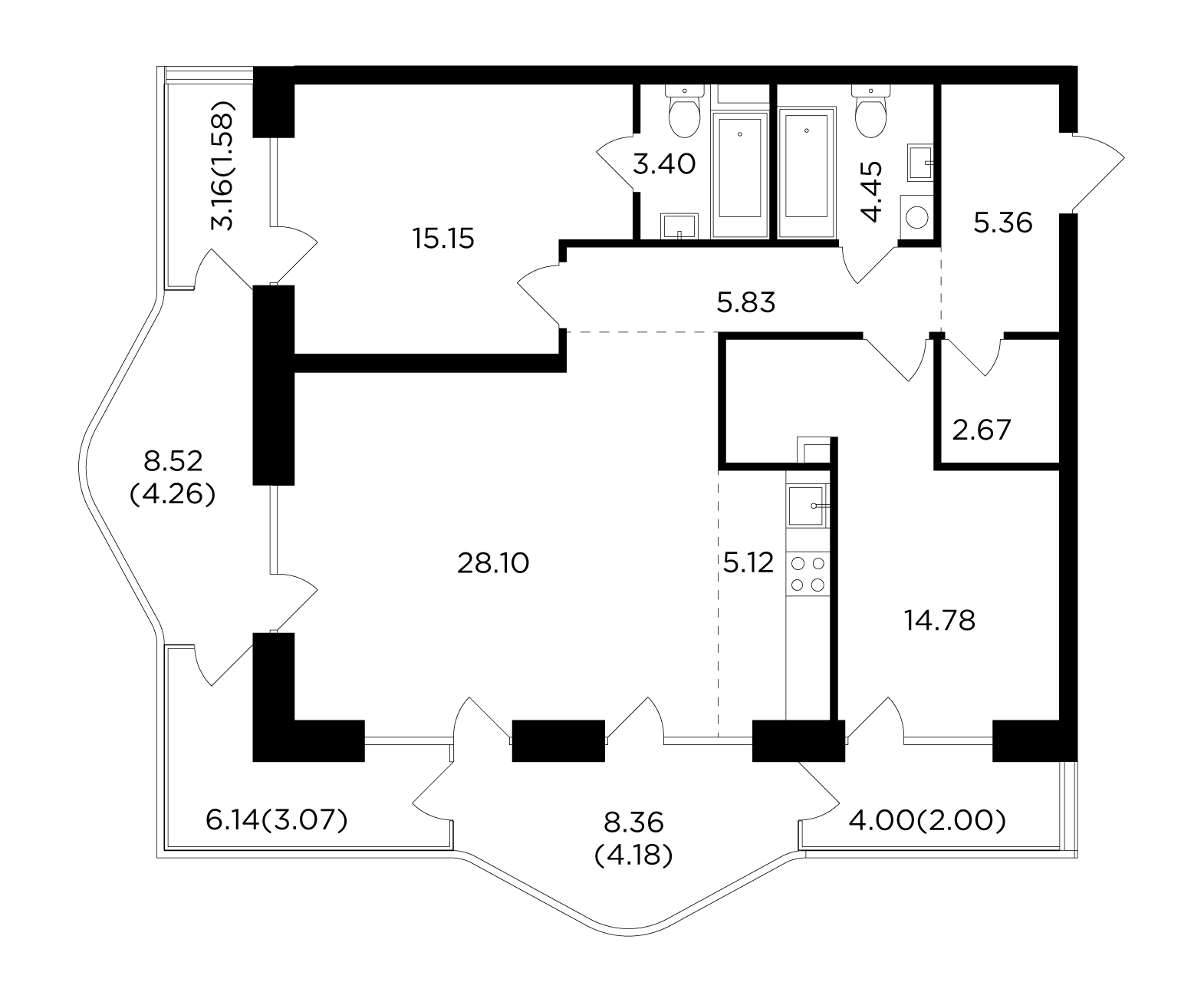 3 комн. квартира, 100 м², 16 этаж 