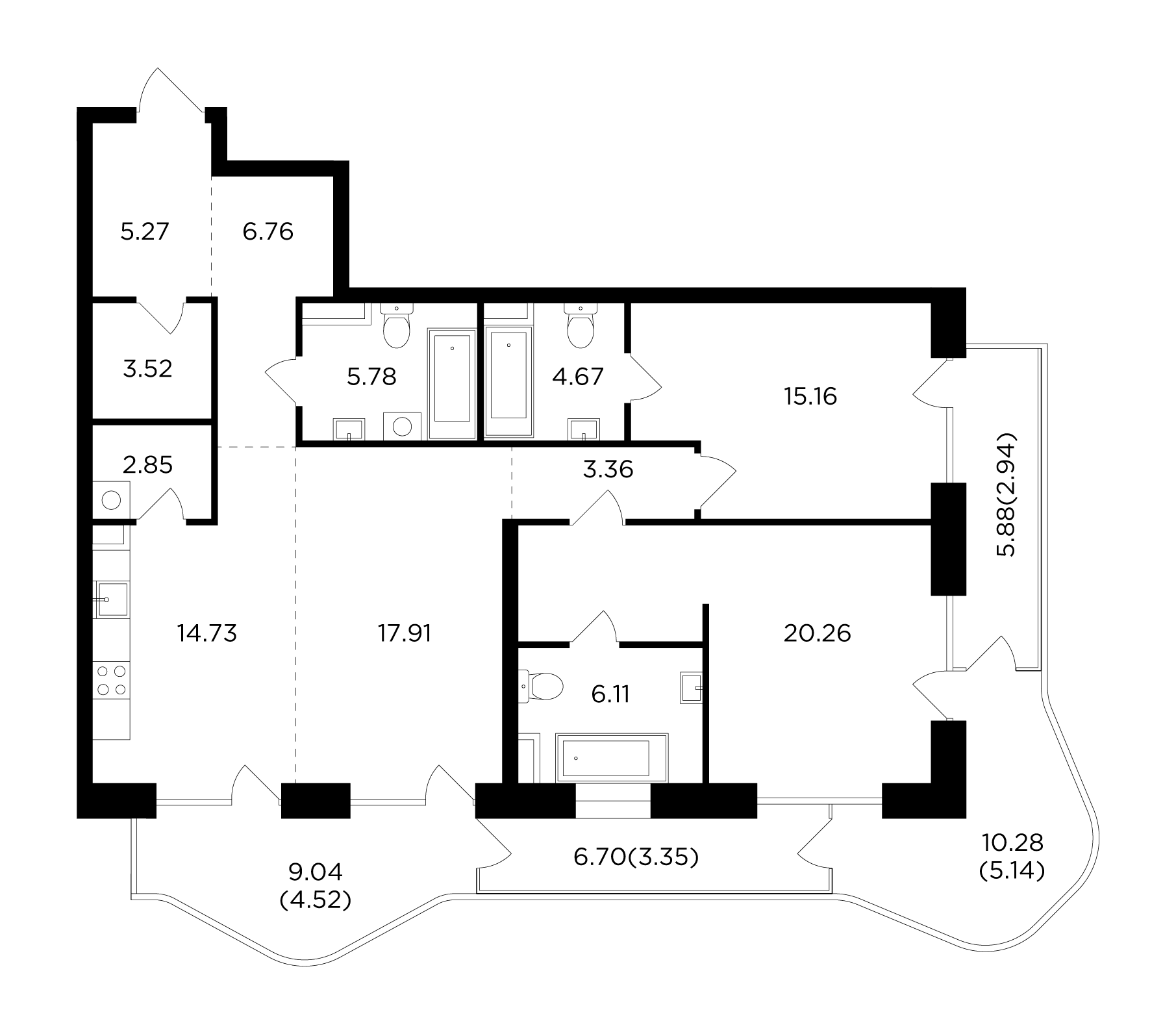 3 комн. квартира, 122.3 м², 11 этаж 