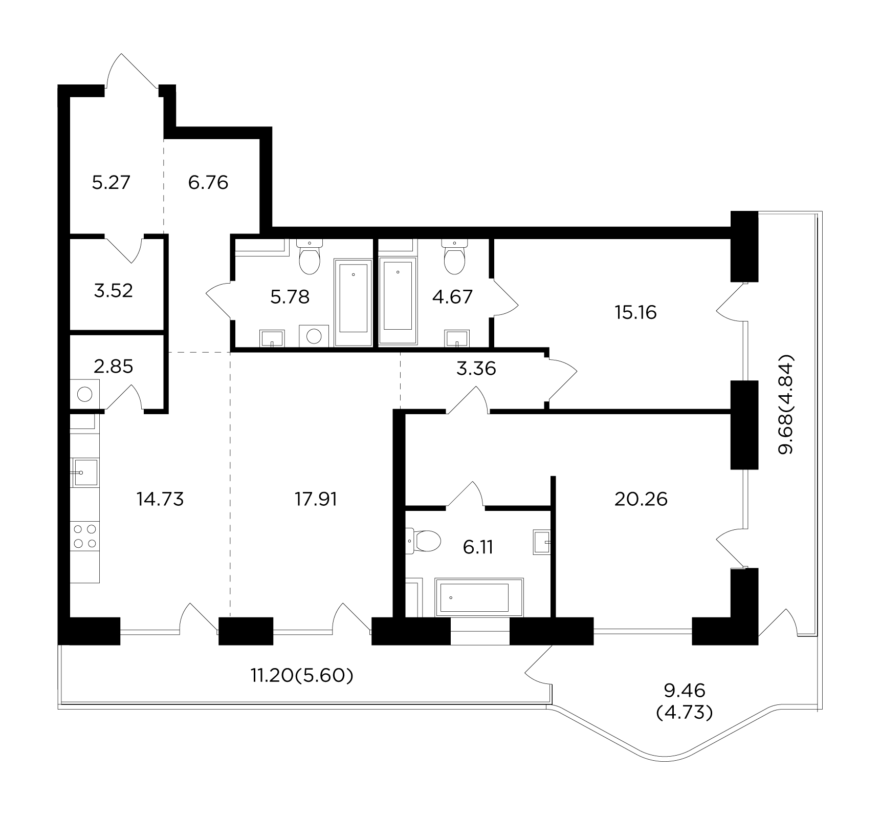 3 комн. квартира, 121.5 м², 14 этаж 