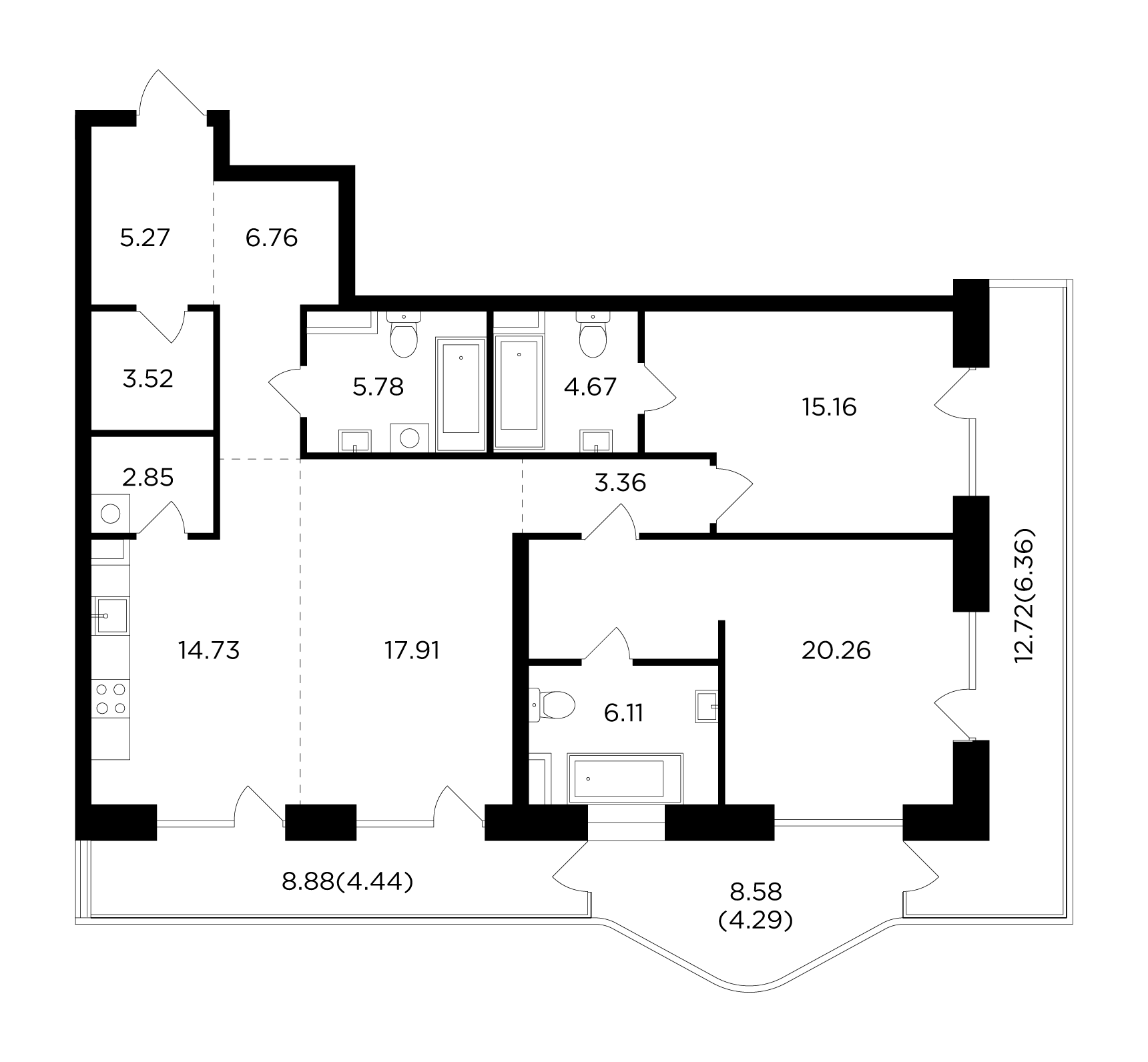 3 комн. квартира, 121.5 м², 16 этаж 
