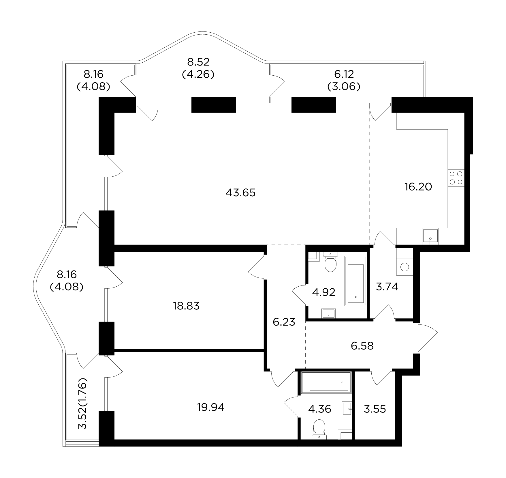 3 комн. квартира, 145.2 м², 17 этаж 