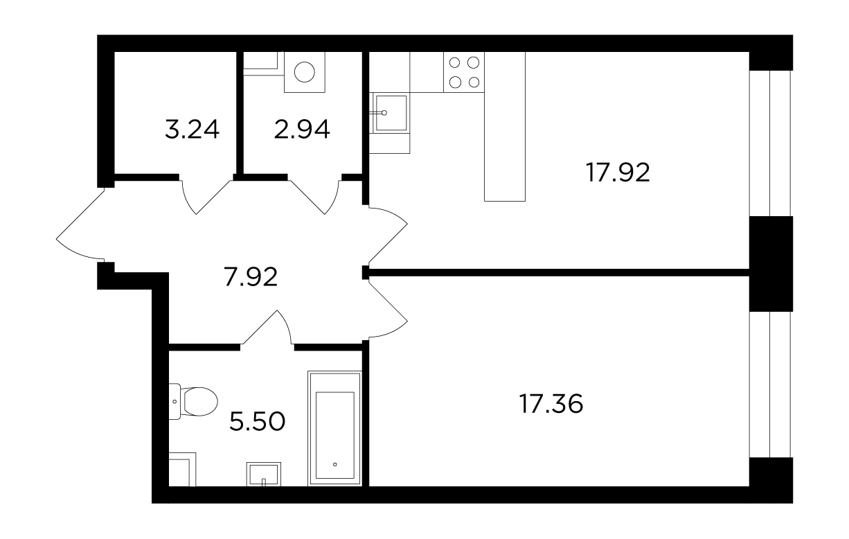 1 комн. квартира, 54.9 м², 9 этаж 