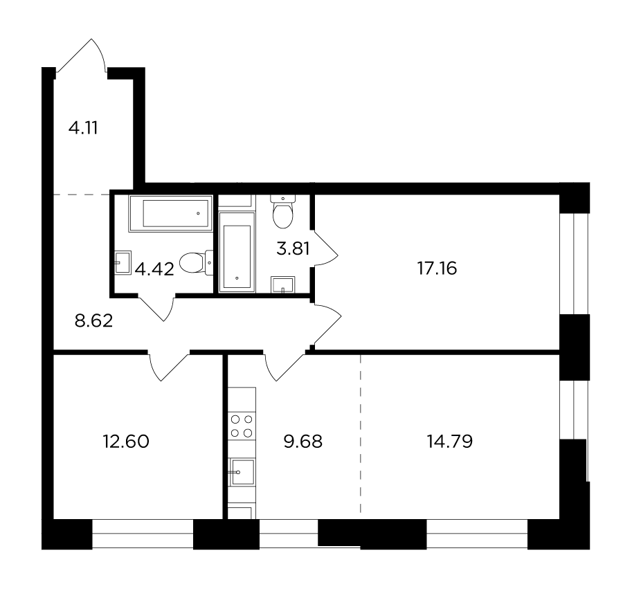 3 комн. квартира, 75.2 м², 11 этаж 