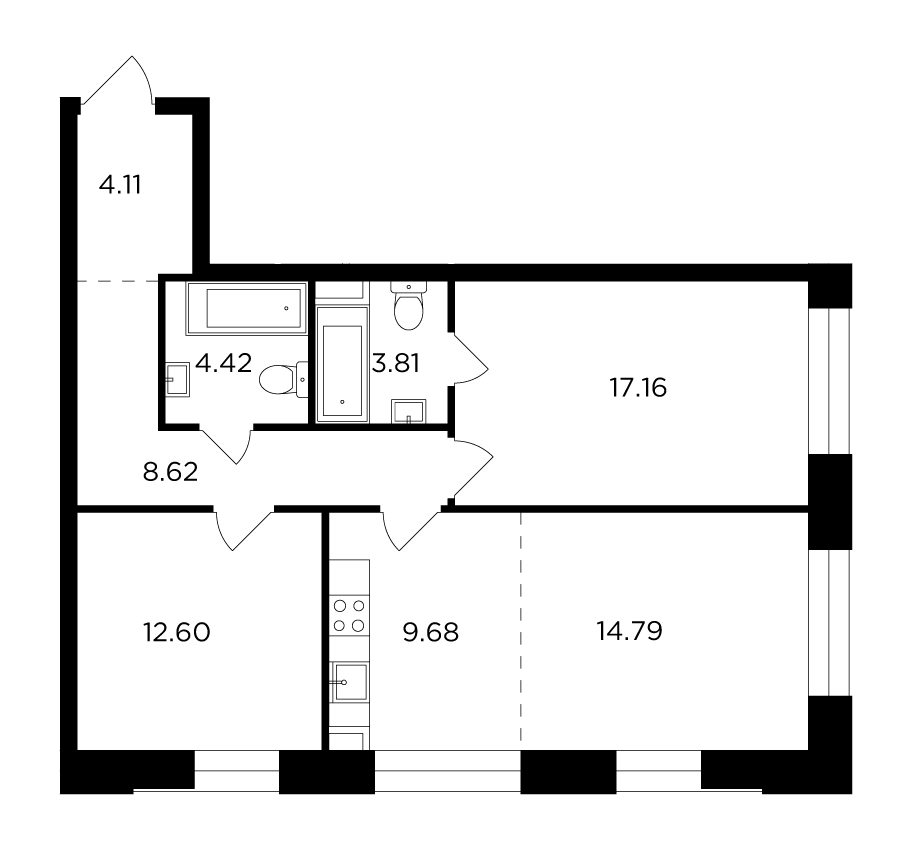 3 комн. квартира, 75.2 м², 16 этаж 