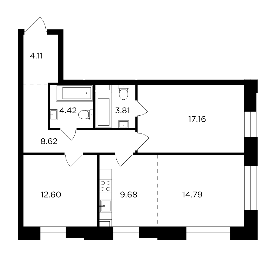 3 комн. квартира, 75.2 м², 18 этаж 