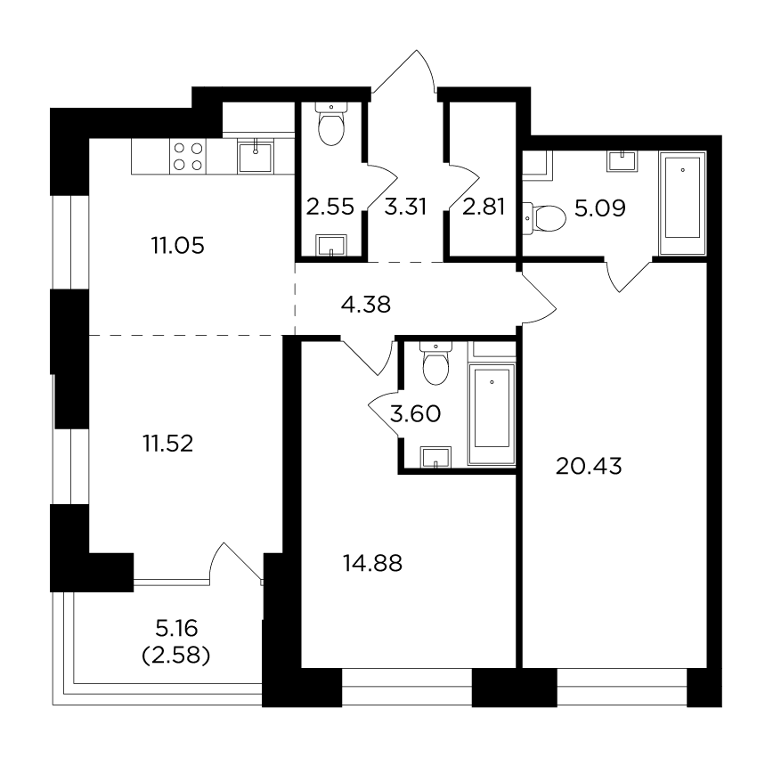 3 комн. квартира, 82.2 м², 16 этаж 